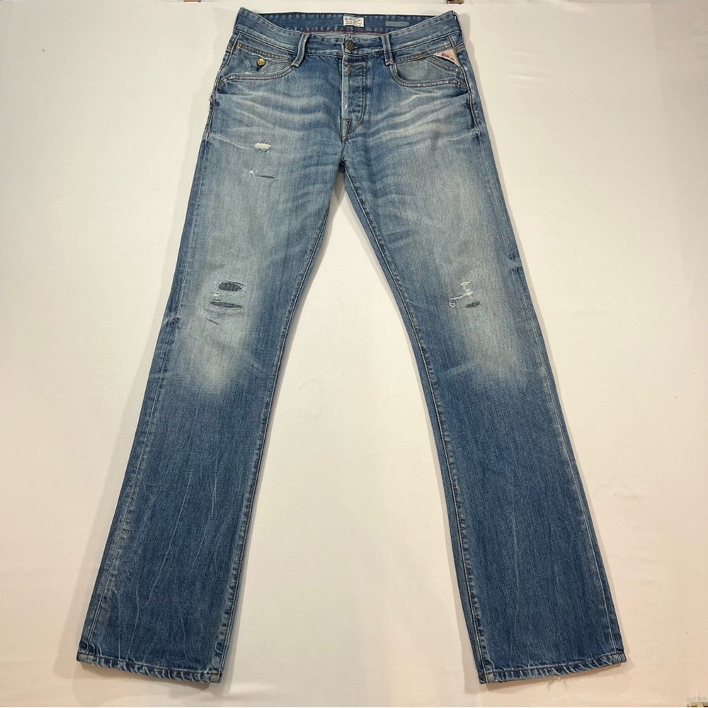 Replay Waitom Jeans Mens 32x34 Y2K Distressed Button Fly Italy Denim